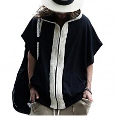 Men's Loose Color Block Hooded Short Sleeve Sweatshirt Jacket 83697432Y