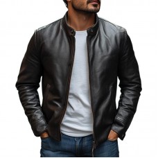 Men's Elegant Stand Collar Slim Zipper Leather Jacket 56943716M